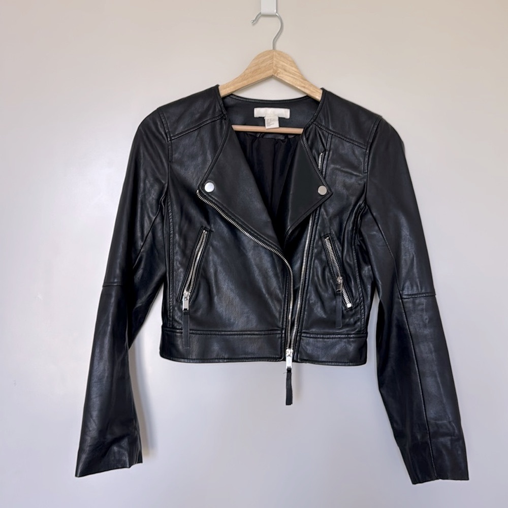 H&M Black Leather Moto Jacket Asymmetrical Zipper